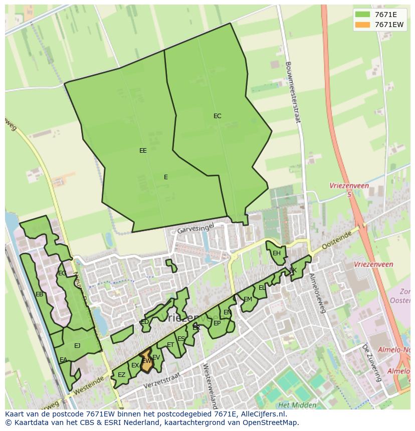 Afbeelding van het postcodegebied 7671 EW op de kaart.