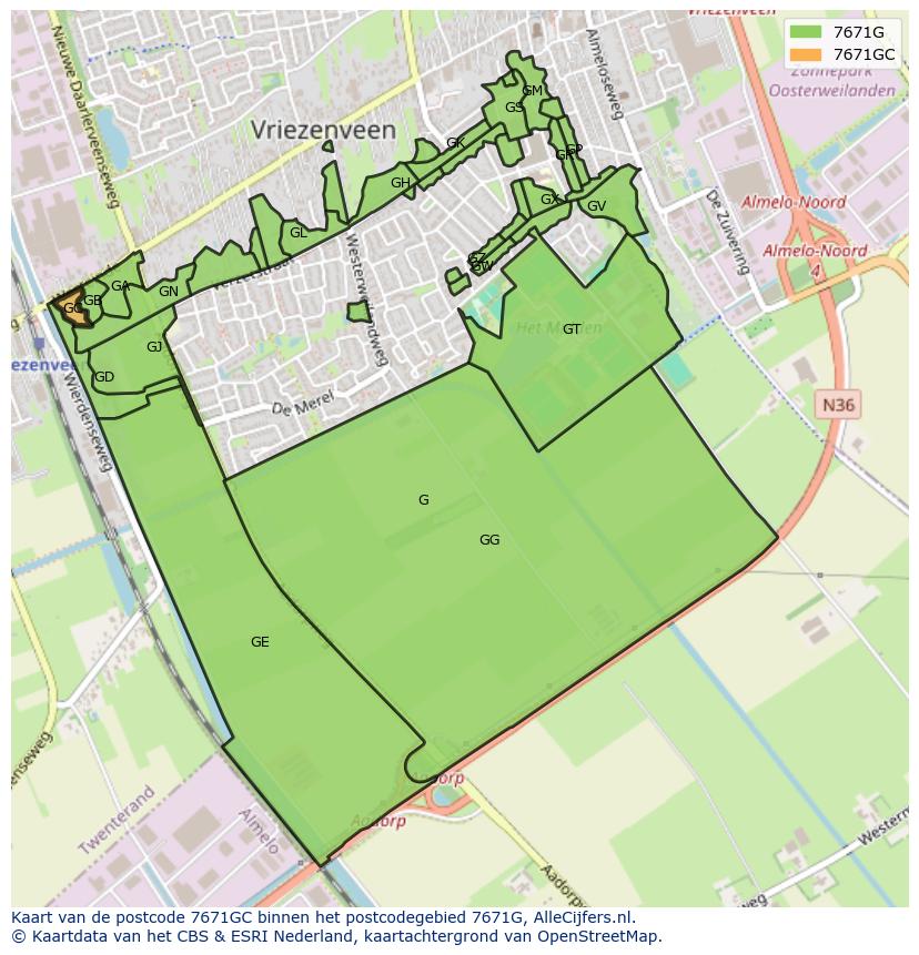 Afbeelding van het postcodegebied 7671 GC op de kaart.