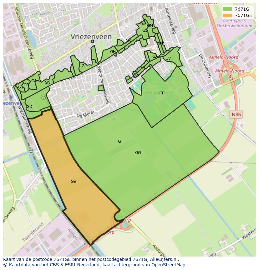 Afbeelding van het postcodegebied 7671 GE op de kaart.