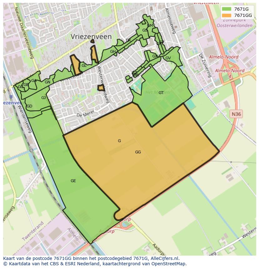 Afbeelding van het postcodegebied 7671 GG op de kaart.