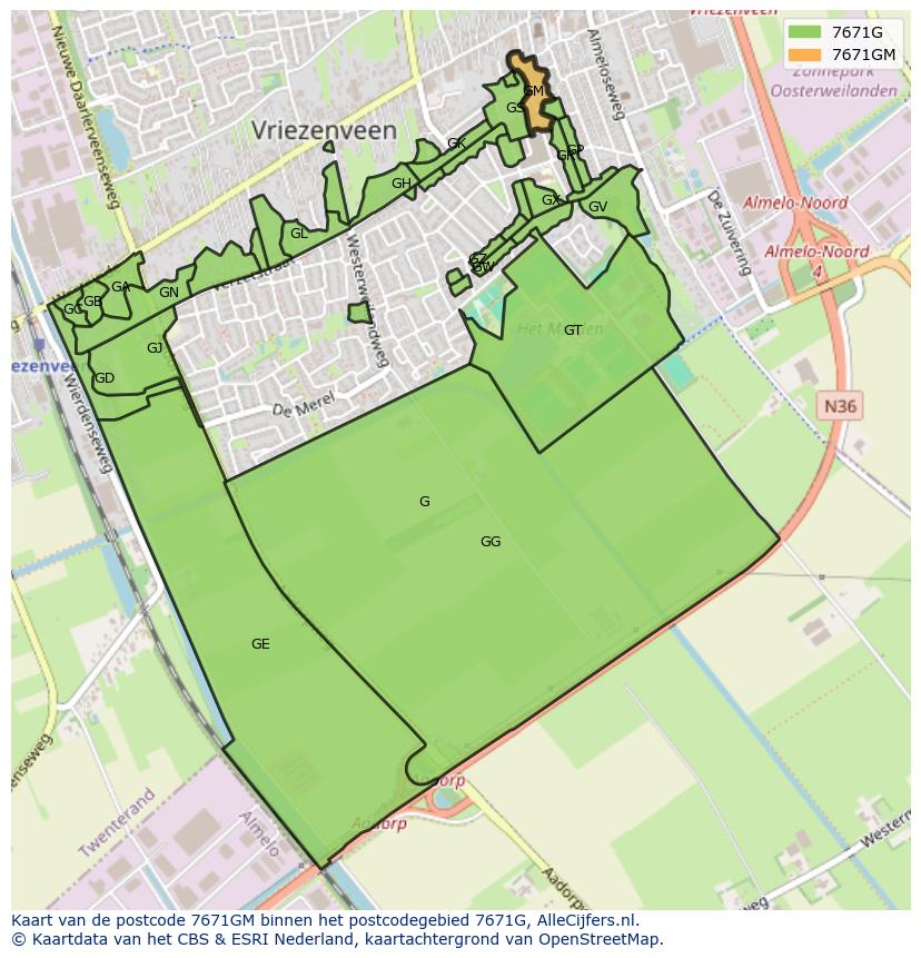 Afbeelding van het postcodegebied 7671 GM op de kaart.