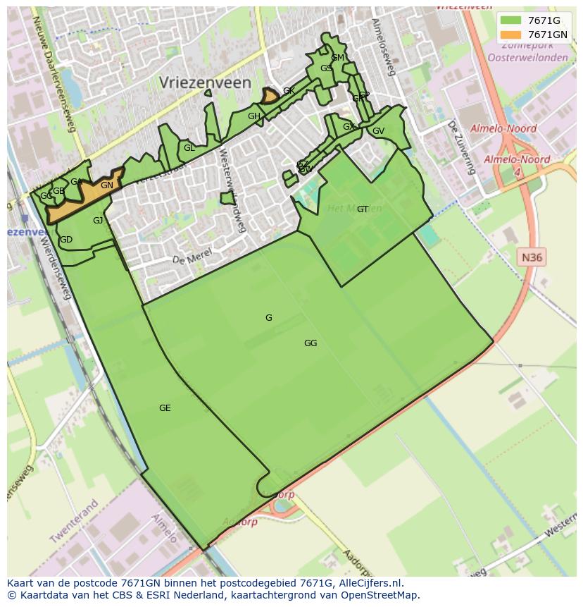 Afbeelding van het postcodegebied 7671 GN op de kaart.