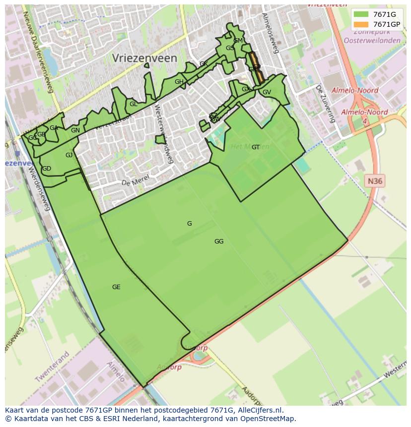 Afbeelding van het postcodegebied 7671 GP op de kaart.