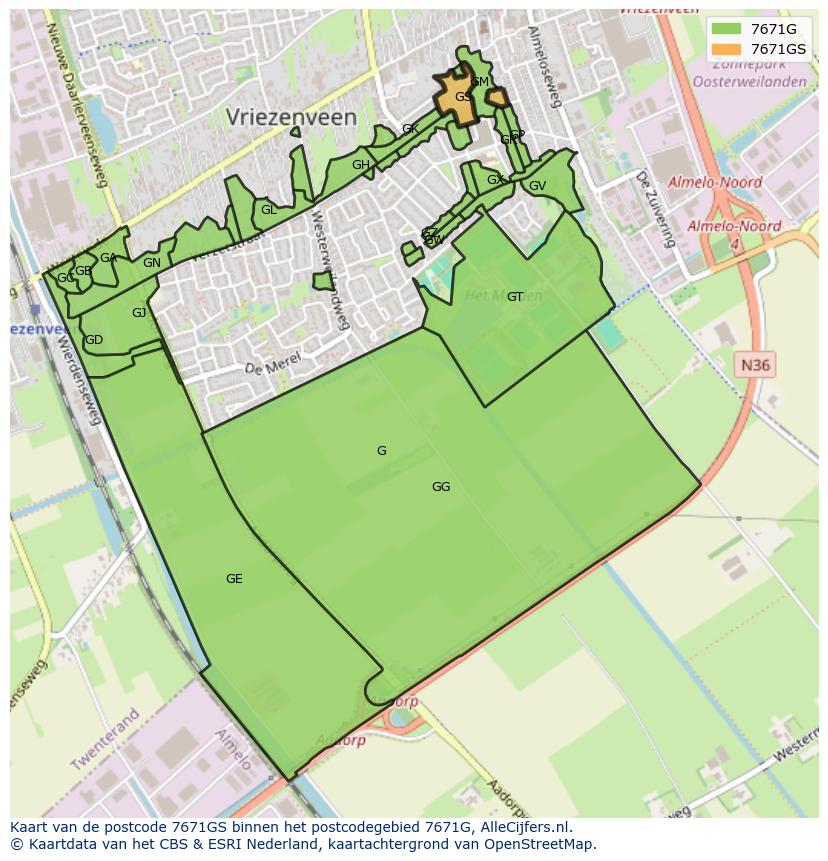 Afbeelding van het postcodegebied 7671 GS op de kaart.