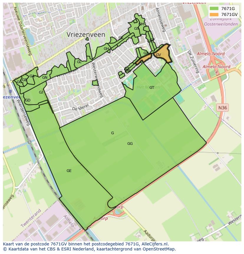 Afbeelding van het postcodegebied 7671 GV op de kaart.