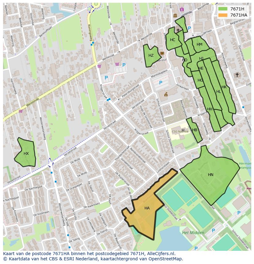 Afbeelding van het postcodegebied 7671 HA op de kaart.