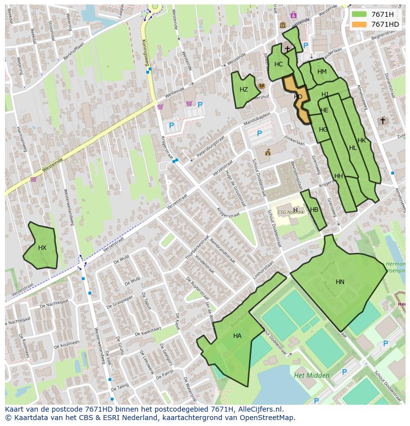 Afbeelding van het postcodegebied 7671 HD op de kaart.