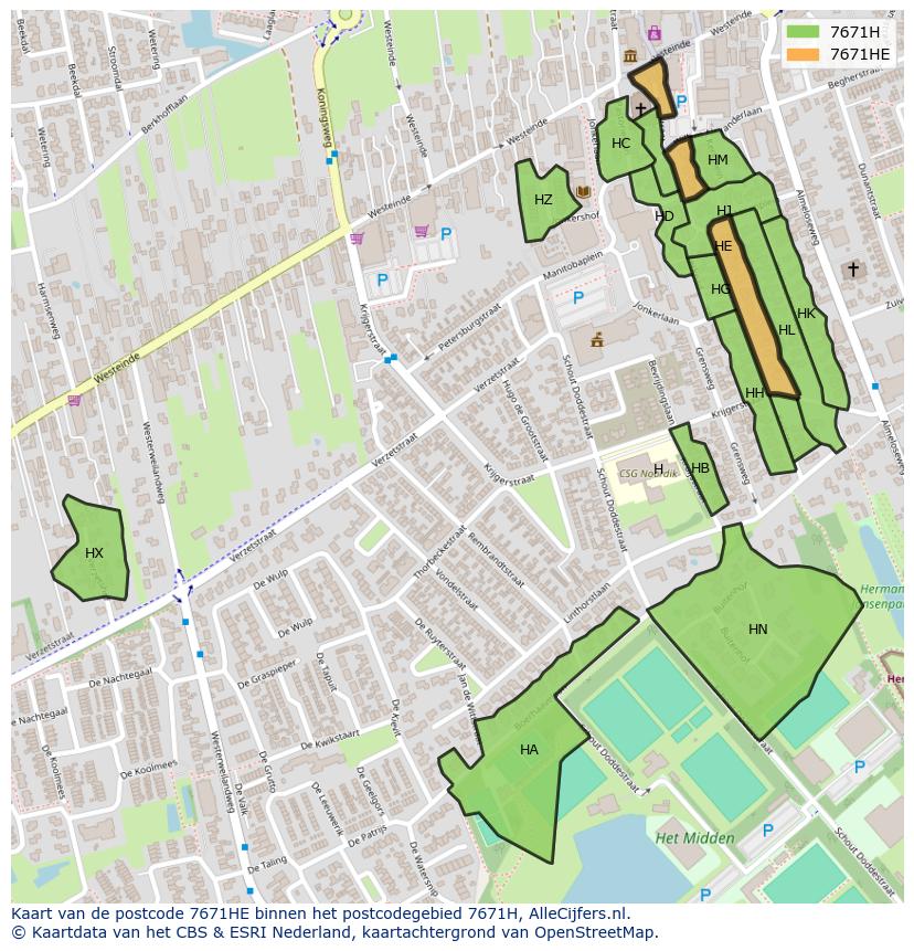 Afbeelding van het postcodegebied 7671 HE op de kaart.