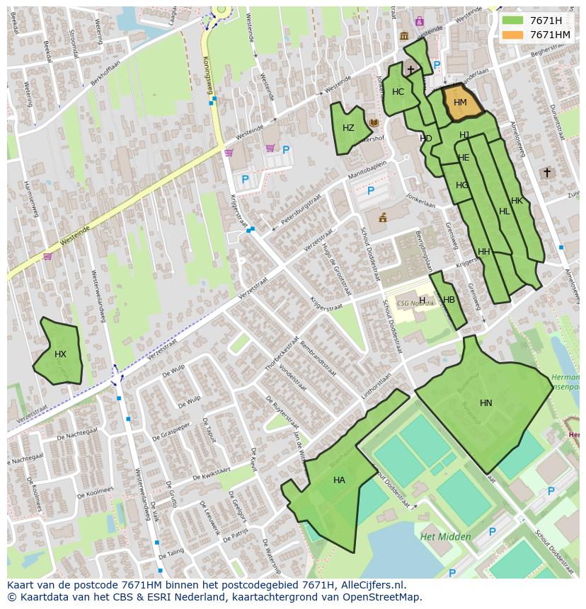 Afbeelding van het postcodegebied 7671 HM op de kaart.