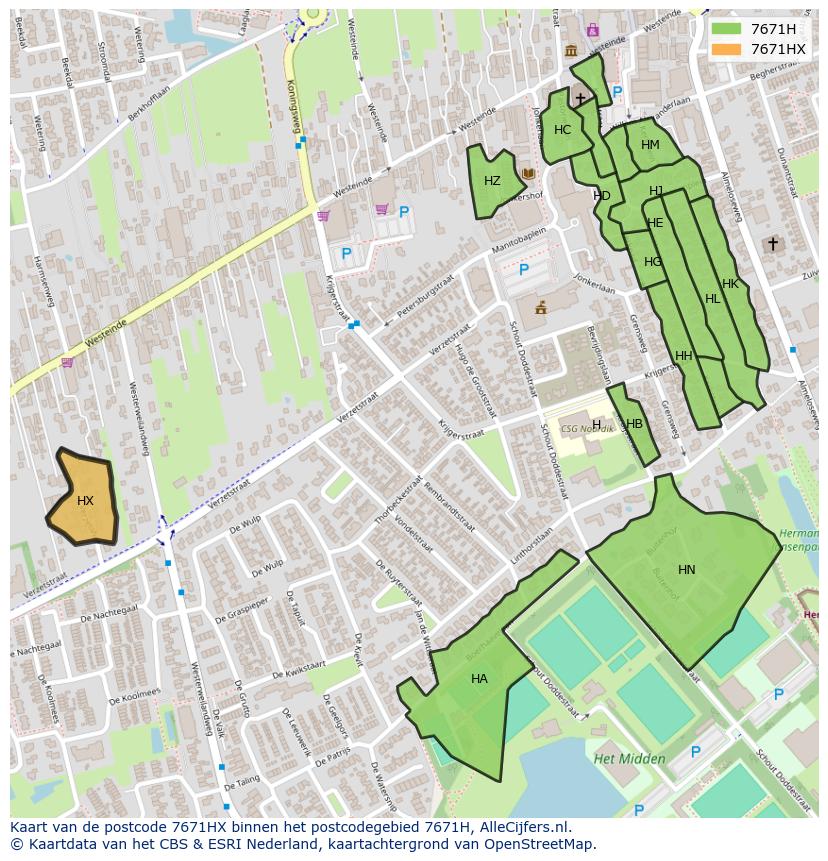 Afbeelding van het postcodegebied 7671 HX op de kaart.