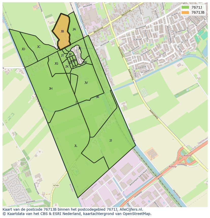 Afbeelding van het postcodegebied 7671 JB op de kaart.