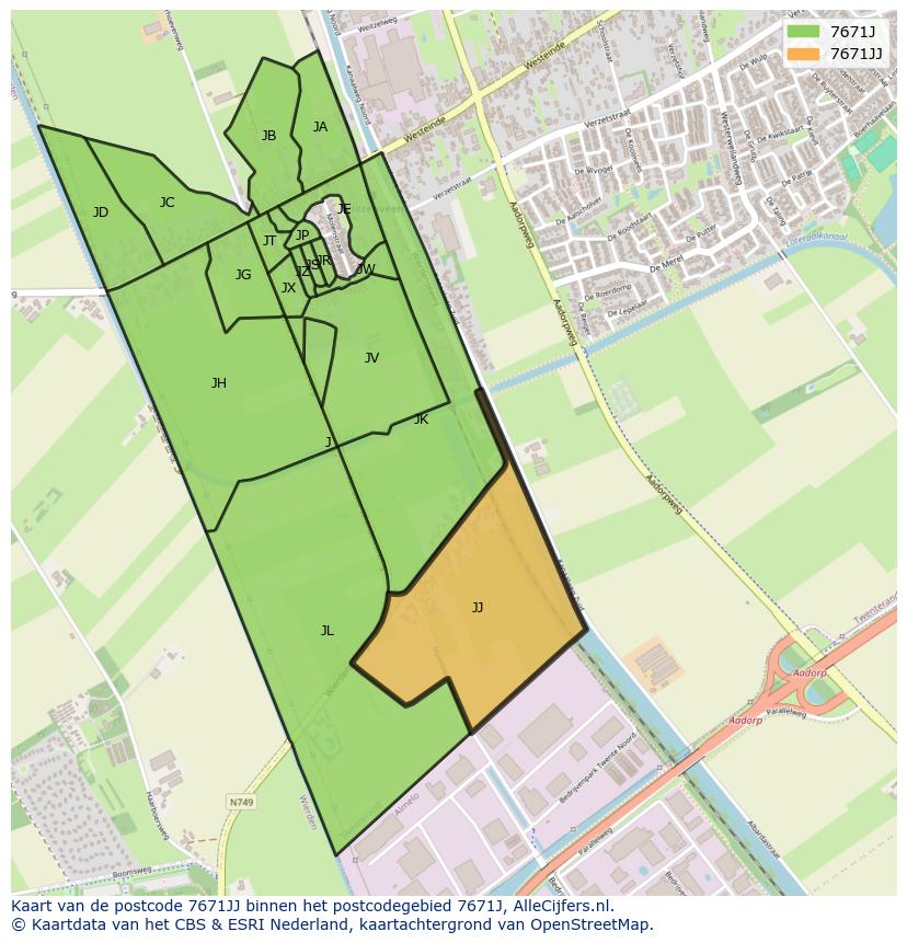 Afbeelding van het postcodegebied 7671 JJ op de kaart.