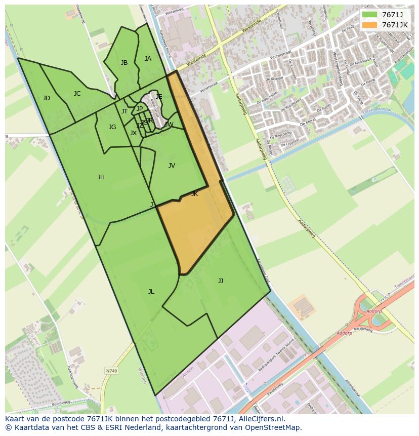 Afbeelding van het postcodegebied 7671 JK op de kaart.