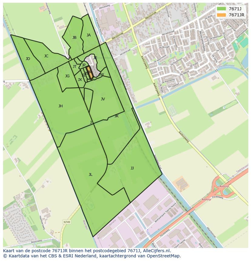 Afbeelding van het postcodegebied 7671 JR op de kaart.