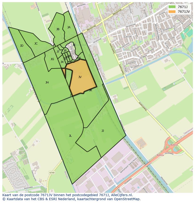 Afbeelding van het postcodegebied 7671 JV op de kaart.
