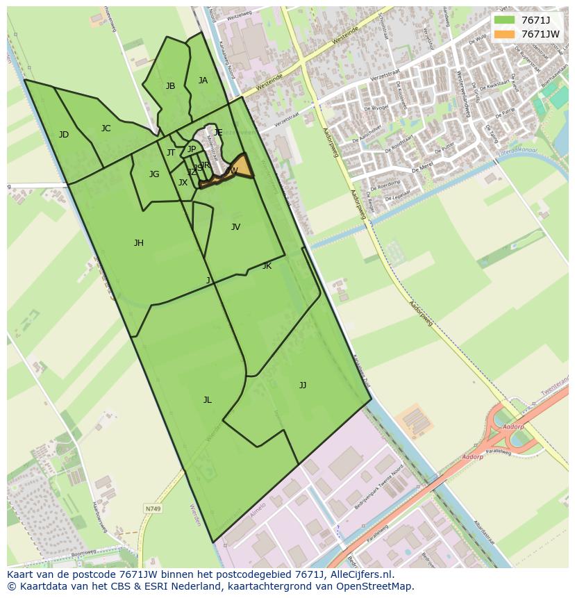 Afbeelding van het postcodegebied 7671 JW op de kaart.