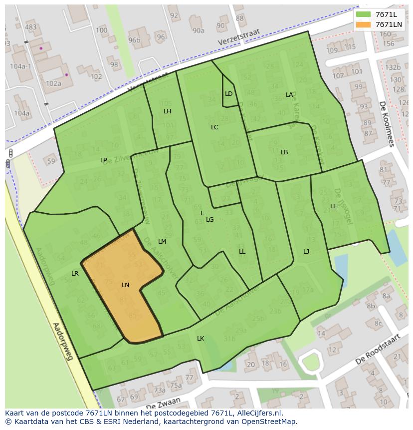 Afbeelding van het postcodegebied 7671 LN op de kaart.