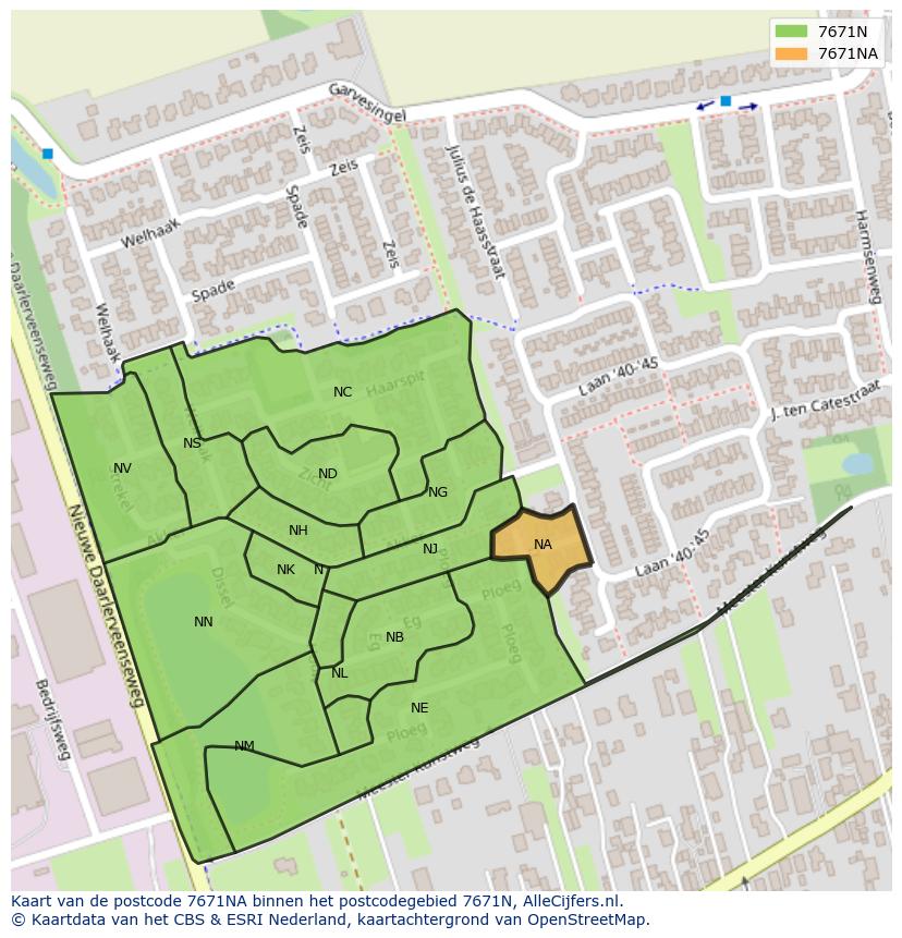 Afbeelding van het postcodegebied 7671 NA op de kaart.