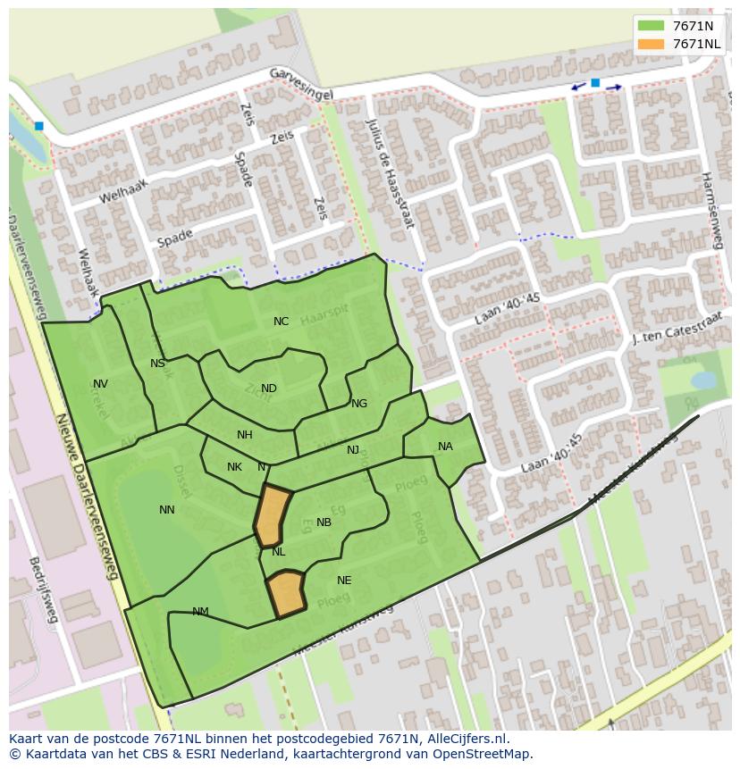 Afbeelding van het postcodegebied 7671 NL op de kaart.
