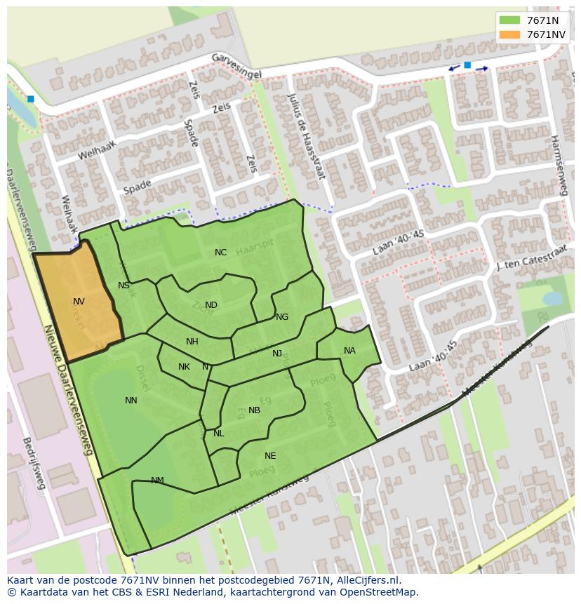 Afbeelding van het postcodegebied 7671 NV op de kaart.