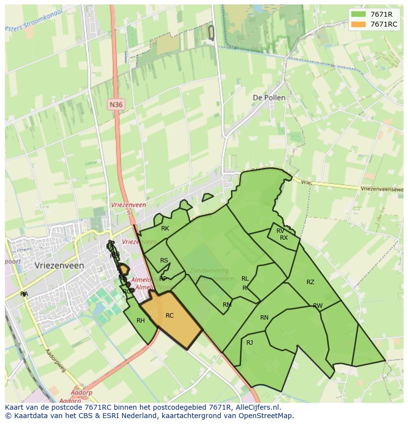 Afbeelding van het postcodegebied 7671 RC op de kaart.