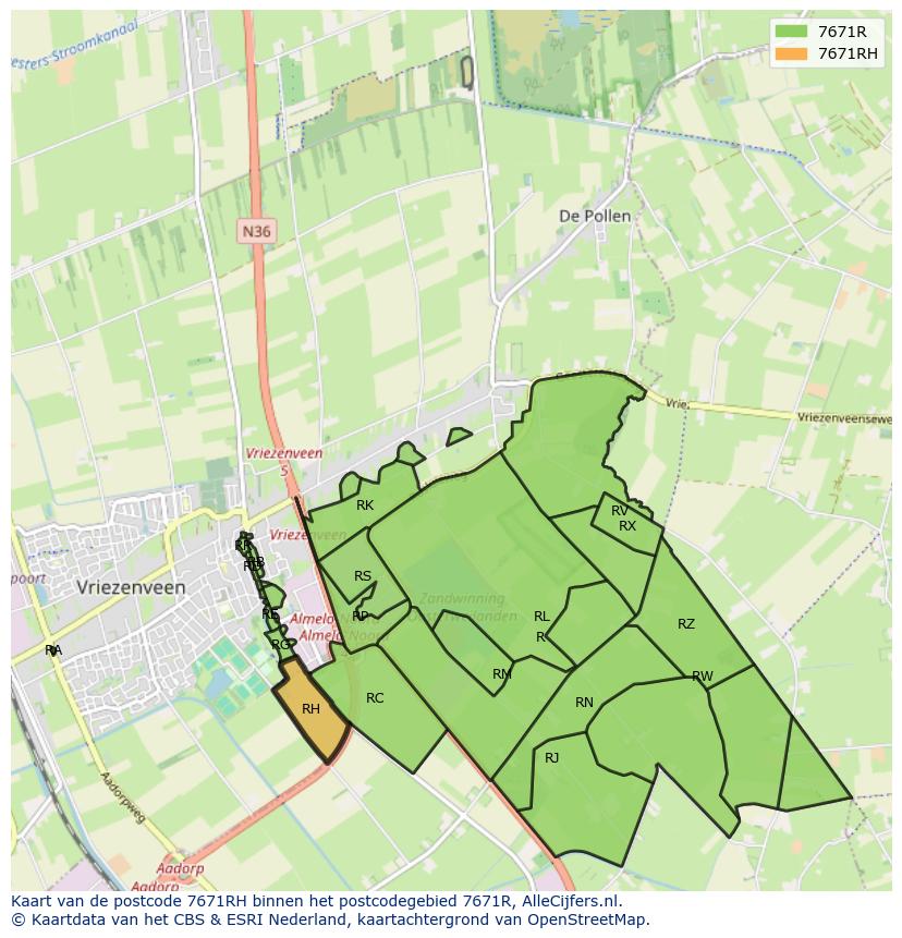 Afbeelding van het postcodegebied 7671 RH op de kaart.