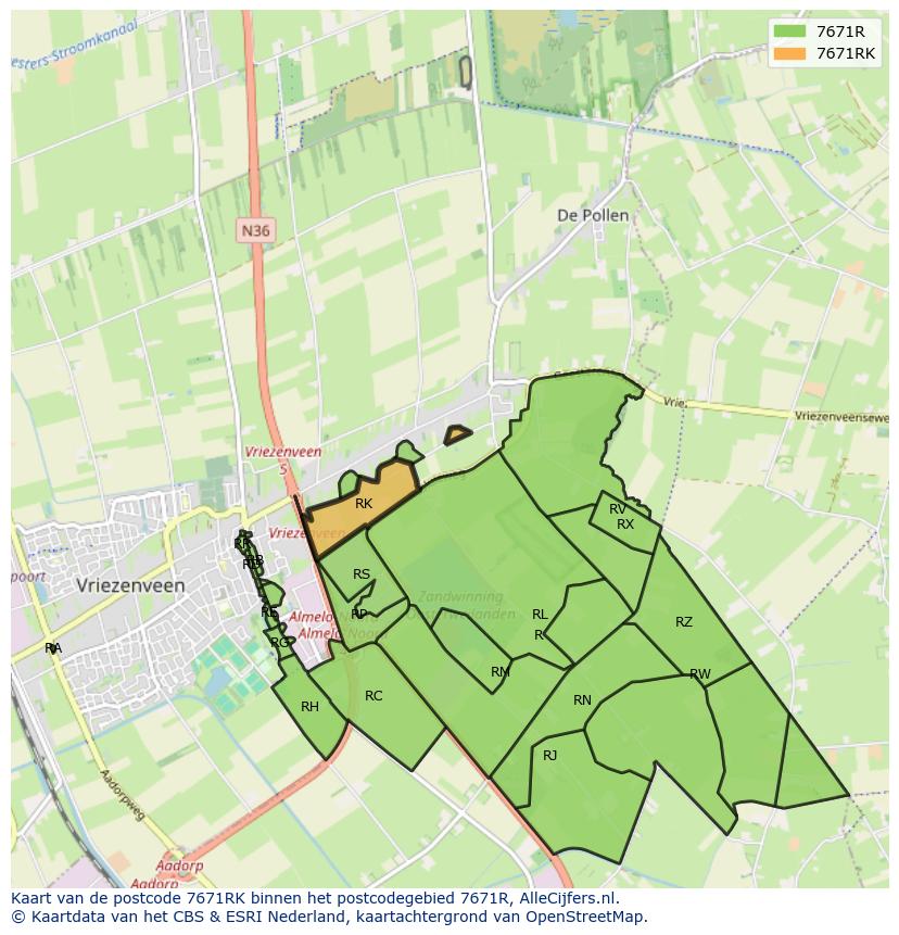 Afbeelding van het postcodegebied 7671 RK op de kaart.