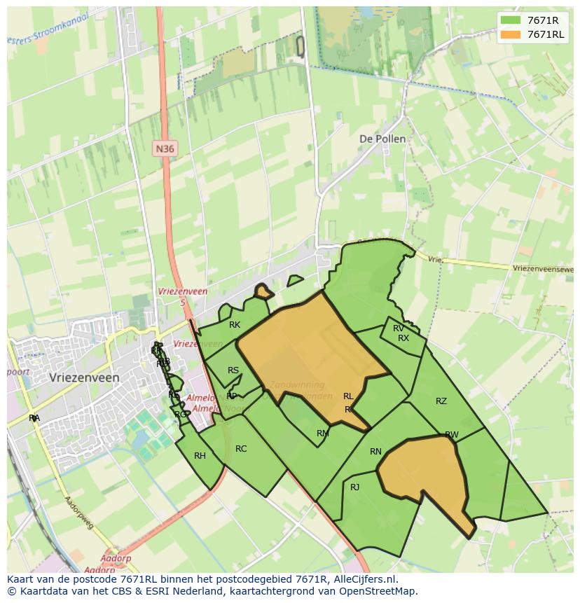 Afbeelding van het postcodegebied 7671 RL op de kaart.