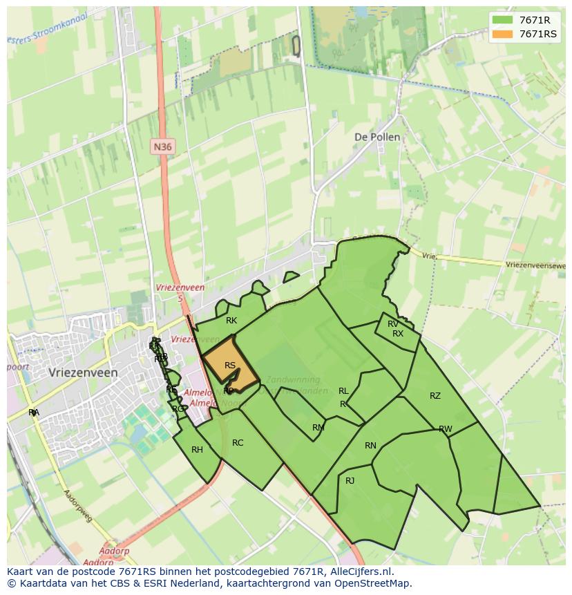 Afbeelding van het postcodegebied 7671 RS op de kaart.
