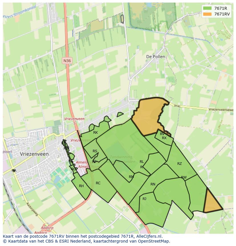 Afbeelding van het postcodegebied 7671 RV op de kaart.