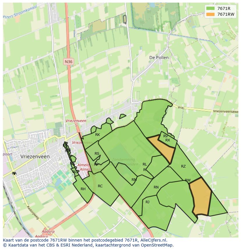 Afbeelding van het postcodegebied 7671 RW op de kaart.