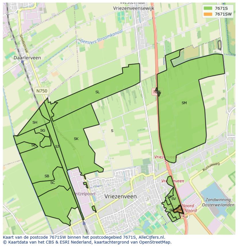 Afbeelding van het postcodegebied 7671 SW op de kaart.