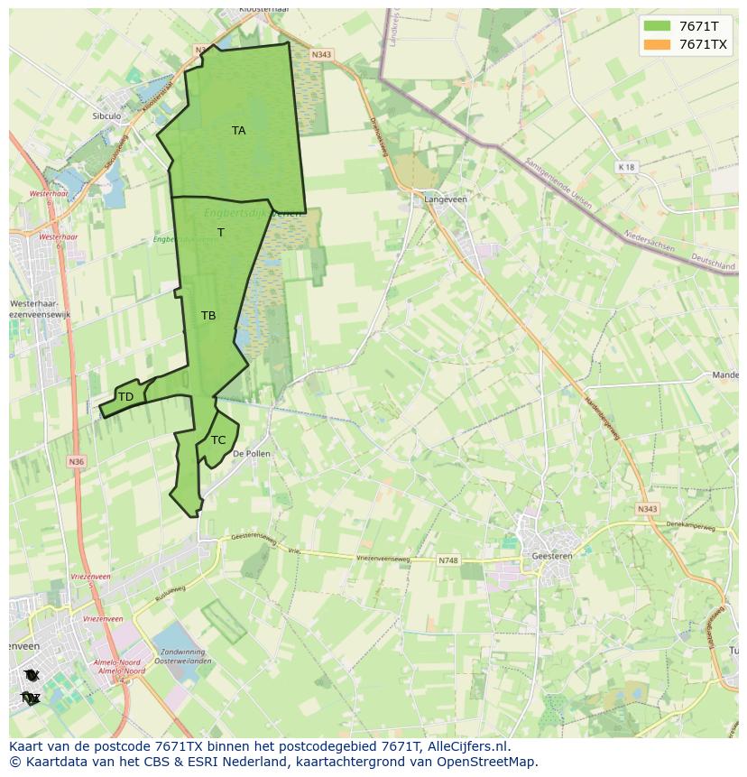 Afbeelding van het postcodegebied 7671 TX op de kaart.