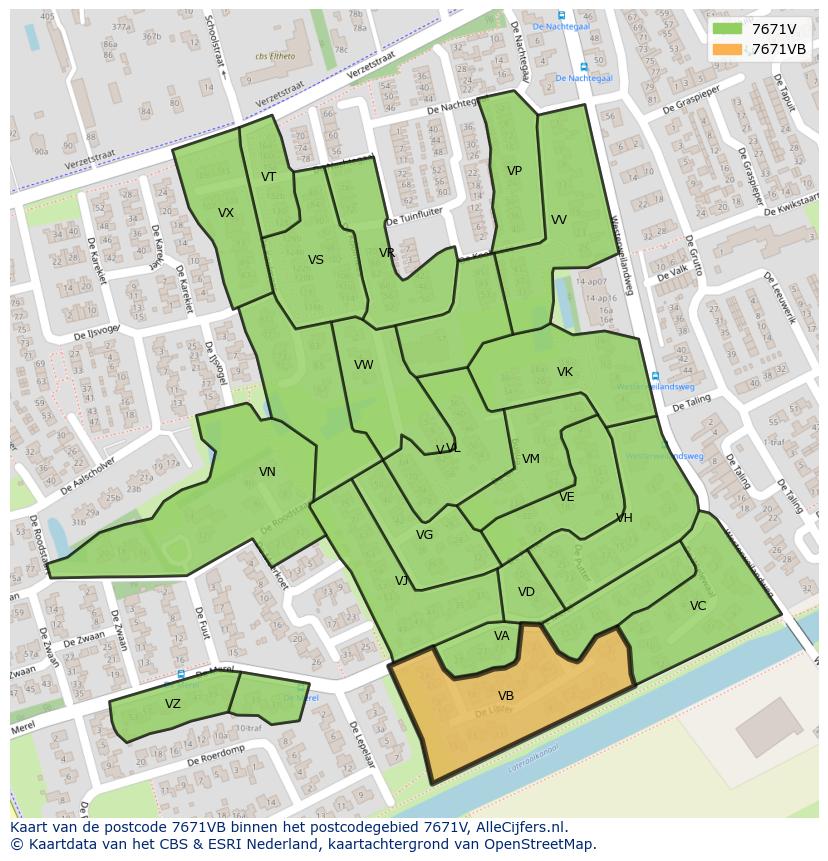 Afbeelding van het postcodegebied 7671 VB op de kaart.