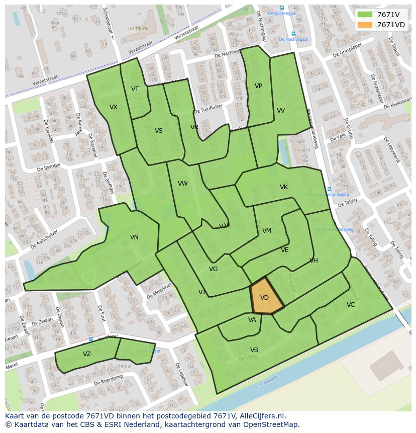 Afbeelding van het postcodegebied 7671 VD op de kaart.