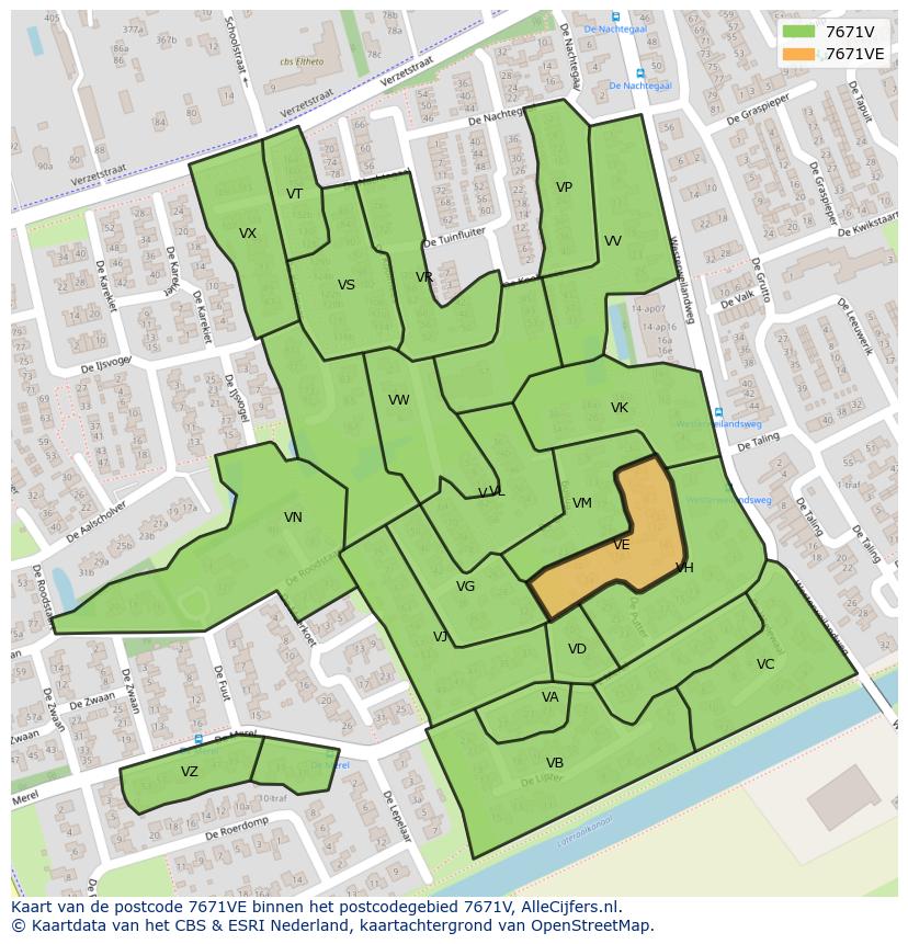 Afbeelding van het postcodegebied 7671 VE op de kaart.