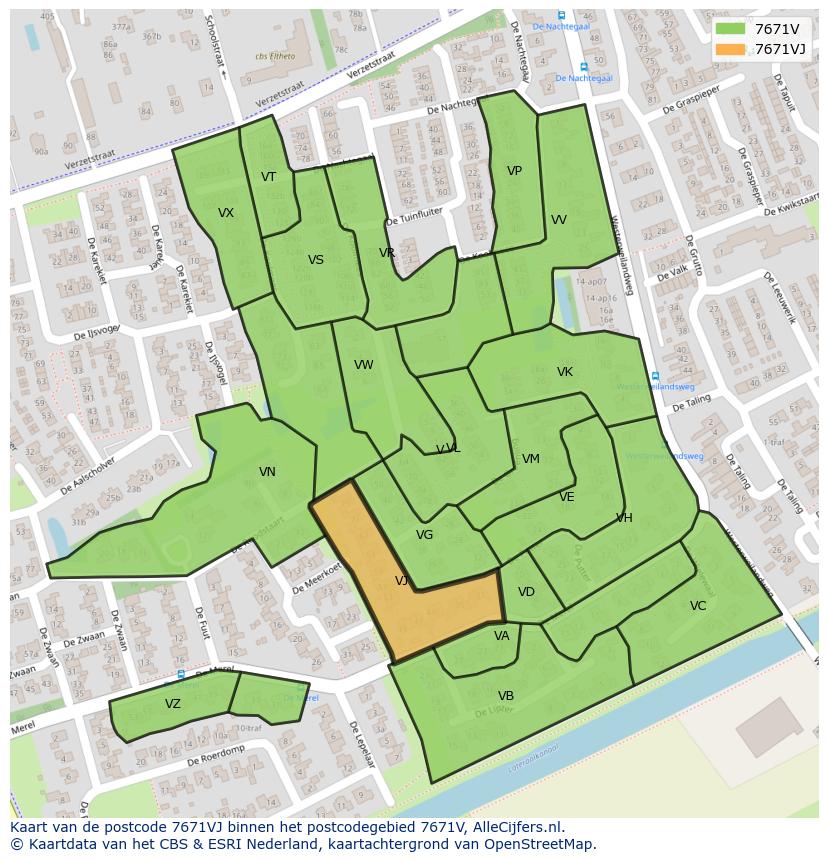 Afbeelding van het postcodegebied 7671 VJ op de kaart.