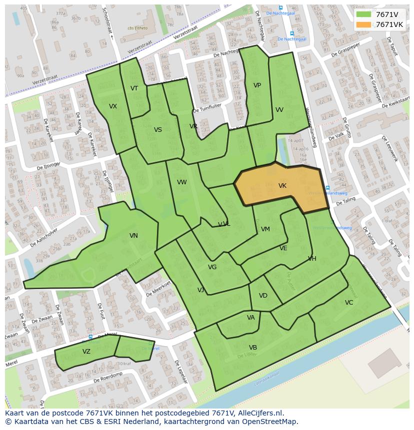 Afbeelding van het postcodegebied 7671 VK op de kaart.