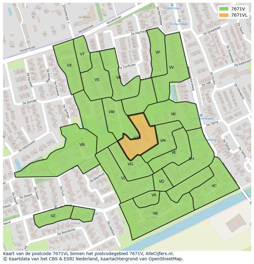 Afbeelding van het postcodegebied 7671 VL op de kaart.