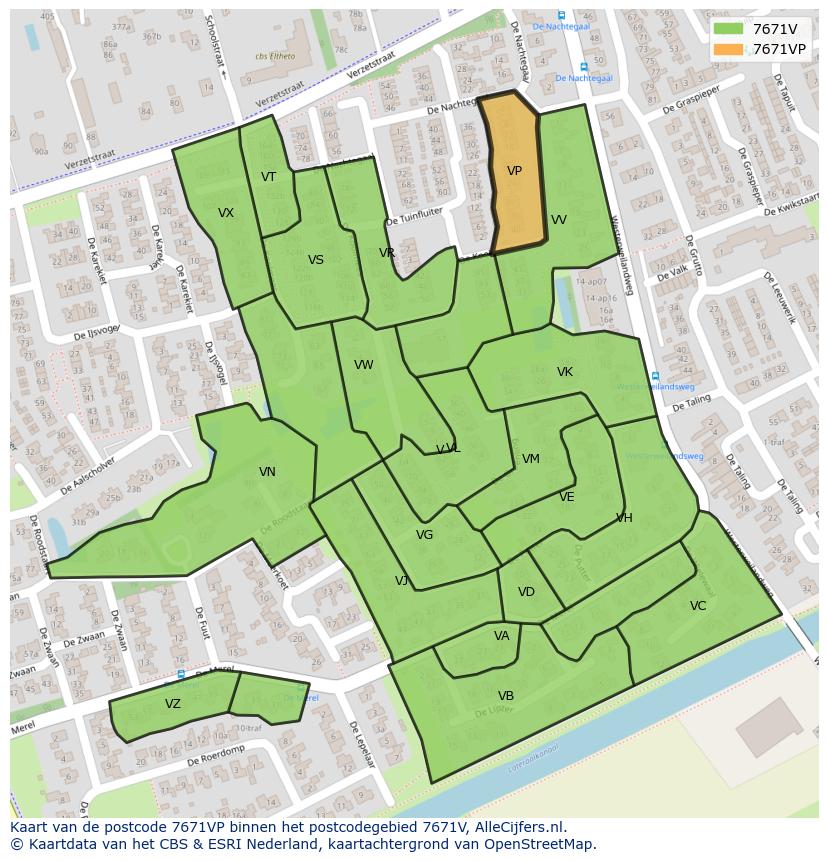 Afbeelding van het postcodegebied 7671 VP op de kaart.