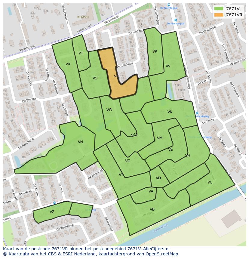 Afbeelding van het postcodegebied 7671 VR op de kaart.
