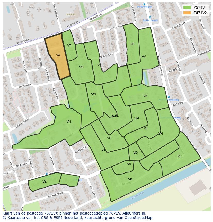 Afbeelding van het postcodegebied 7671 VX op de kaart.