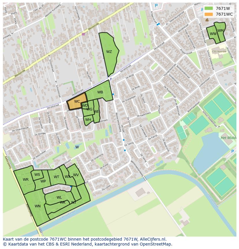 Afbeelding van het postcodegebied 7671 WC op de kaart.
