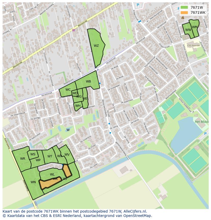 Afbeelding van het postcodegebied 7671 WK op de kaart.
