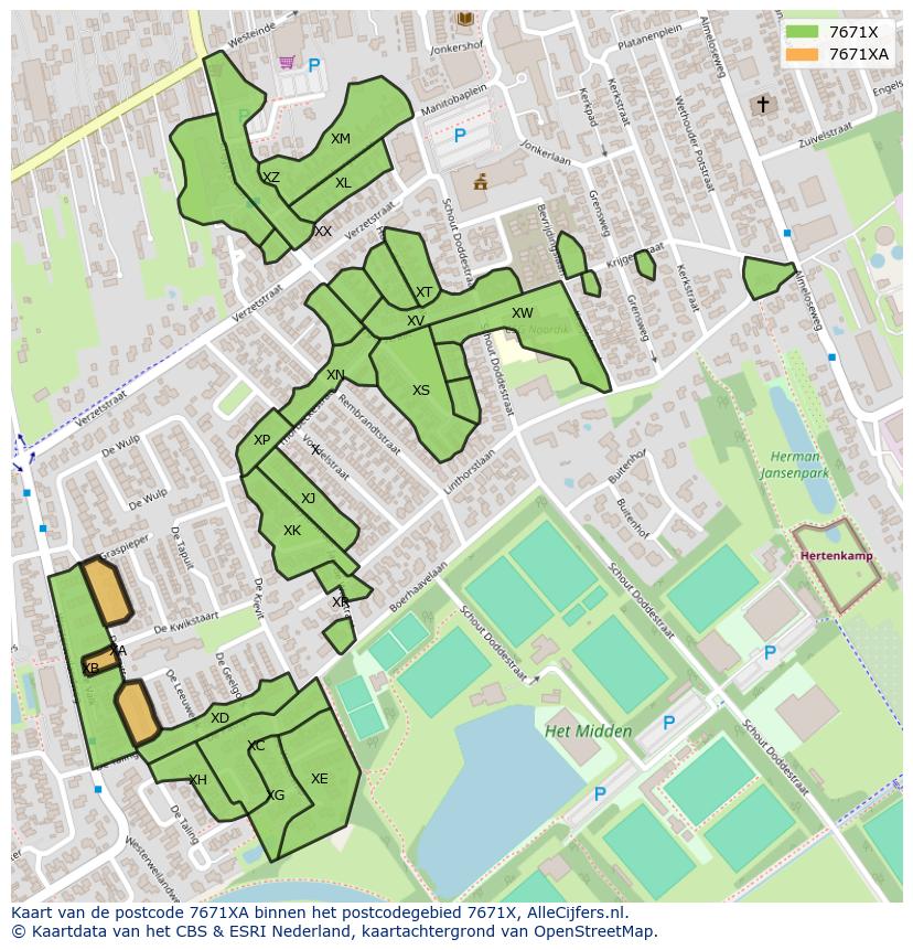 Afbeelding van het postcodegebied 7671 XA op de kaart.