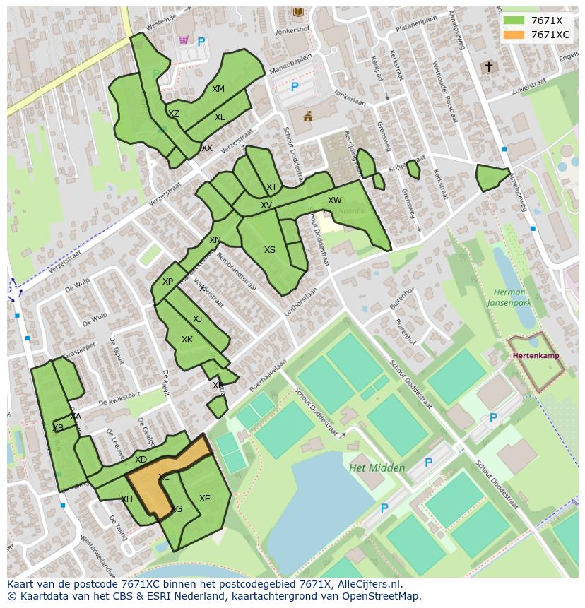 Afbeelding van het postcodegebied 7671 XC op de kaart.