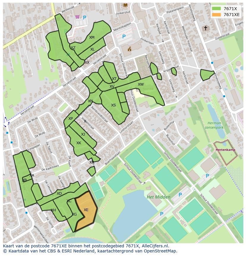 Afbeelding van het postcodegebied 7671 XE op de kaart.