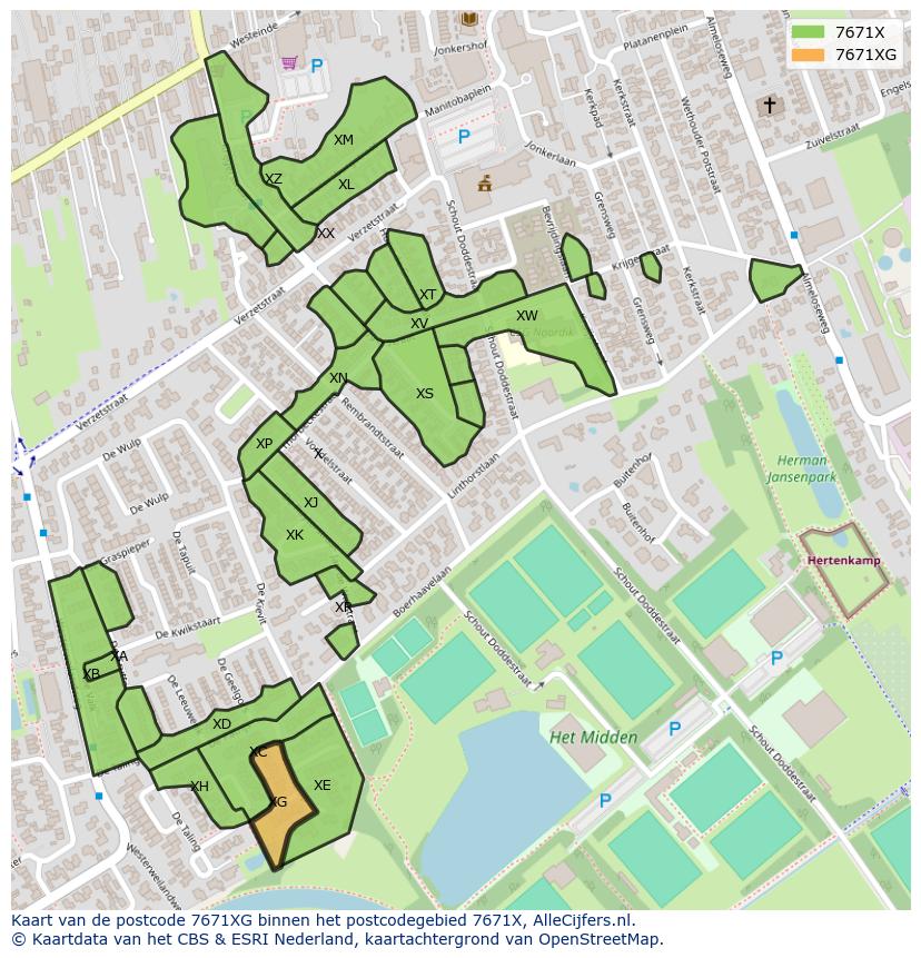 Afbeelding van het postcodegebied 7671 XG op de kaart.