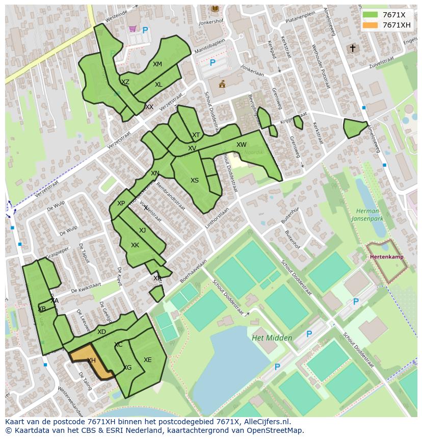 Afbeelding van het postcodegebied 7671 XH op de kaart.
