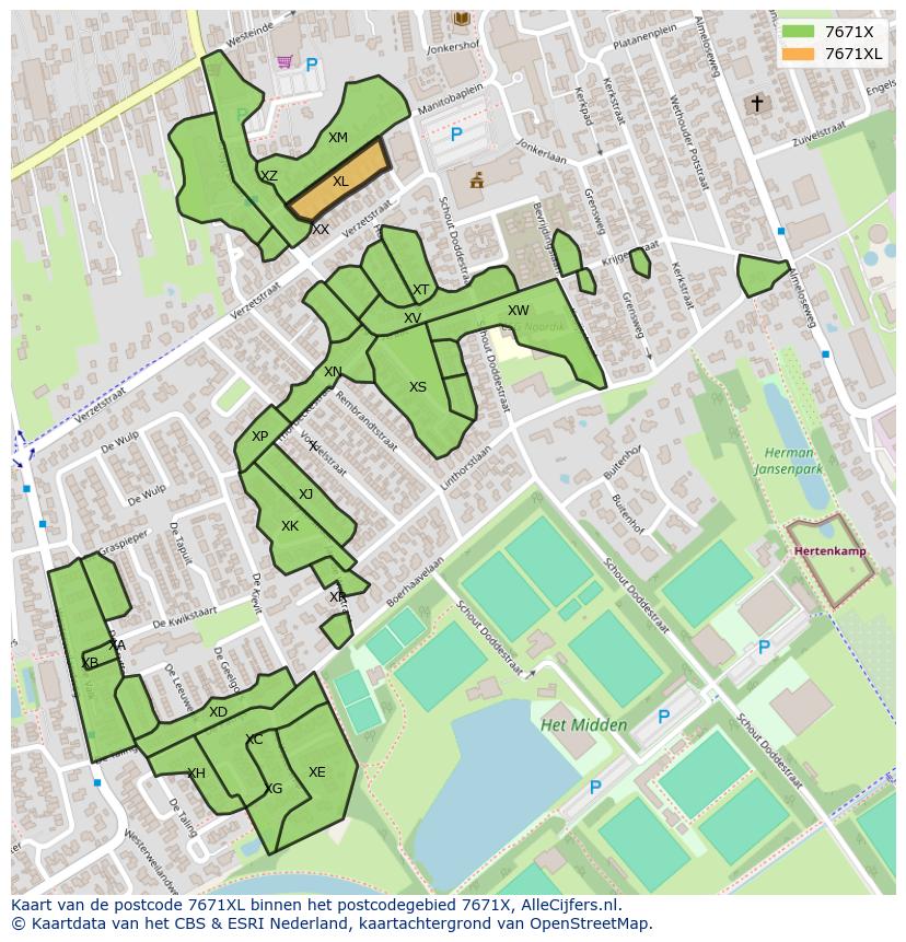Afbeelding van het postcodegebied 7671 XL op de kaart.